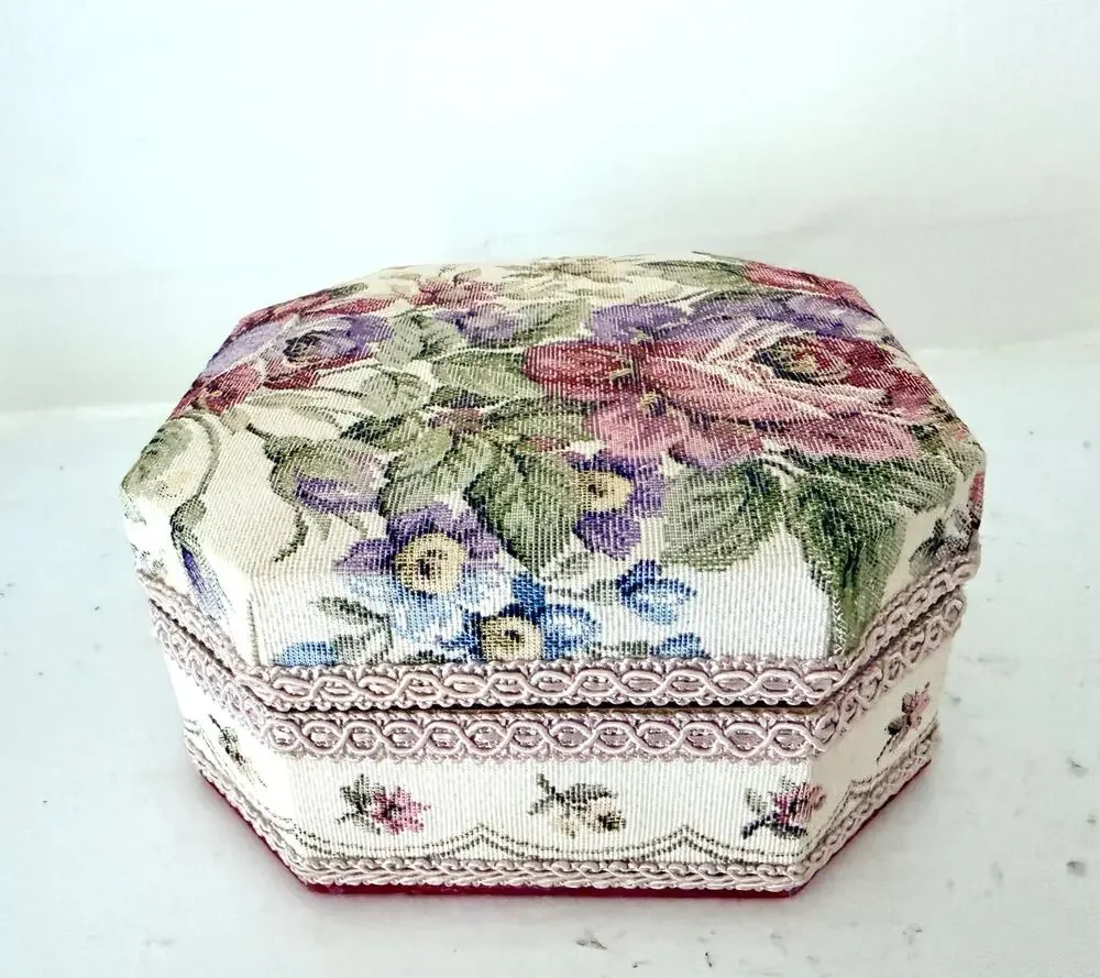 Vintage Schmid Tapestry Rose Jewelry Music Box Padded Floral Cottagecore Trinket